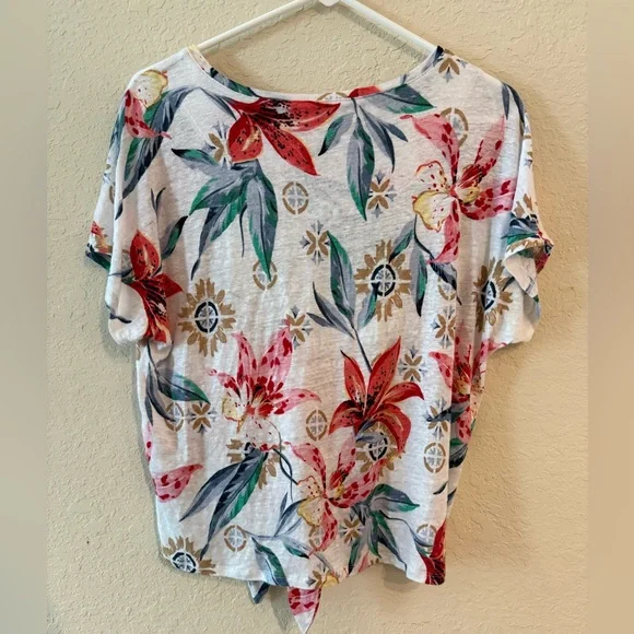 Chico's Floral Tie Front Blouse, Short Sleeve, White Red Green Yellow, Size 0 S - Picture 2 of 4